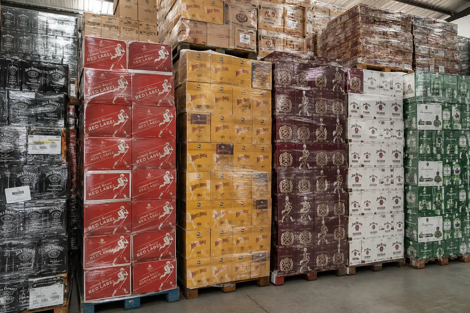 Estoque de bebidas em paletes dentro do centro de distribuição